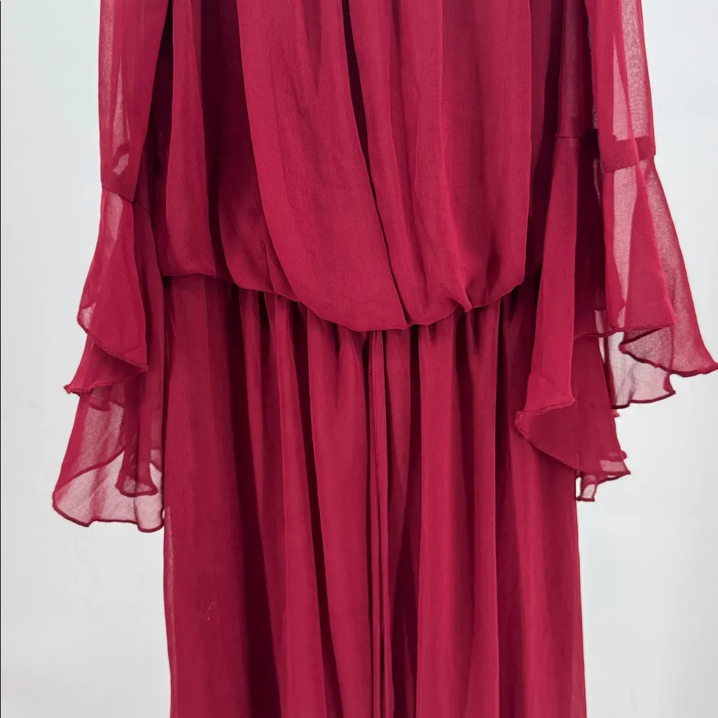 City Triangles burgundy sheer Maxi Dress S flowy bell sleeves boho off shoulder - Image 8