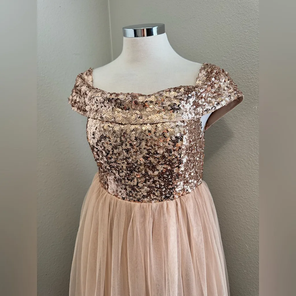 Faeriesty‎ Sequin Bodice Tulle Prom Dress Off Shoulder Formal Gown Evening Party Tan Size M - Image 6