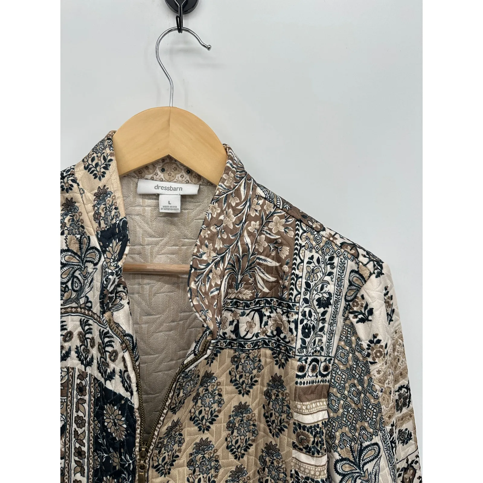 Dressbarn Quilted Jacket Womens Size L Brown Floral Patchwork Artsy Full Zip - Image 5