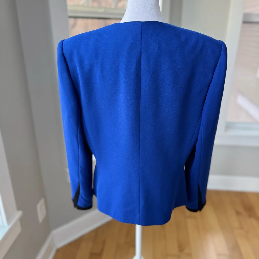 Vintage Jacqueline Ferrar Cobalt Blue Black Blazer Jacket Shoulder Pads 14 Pet Size 14P - Image 4