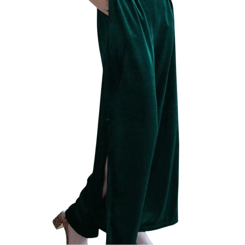 BlankNYC Emerald Green Velvet Wide Leg Trousers Side Slit Size 27 - Image 3