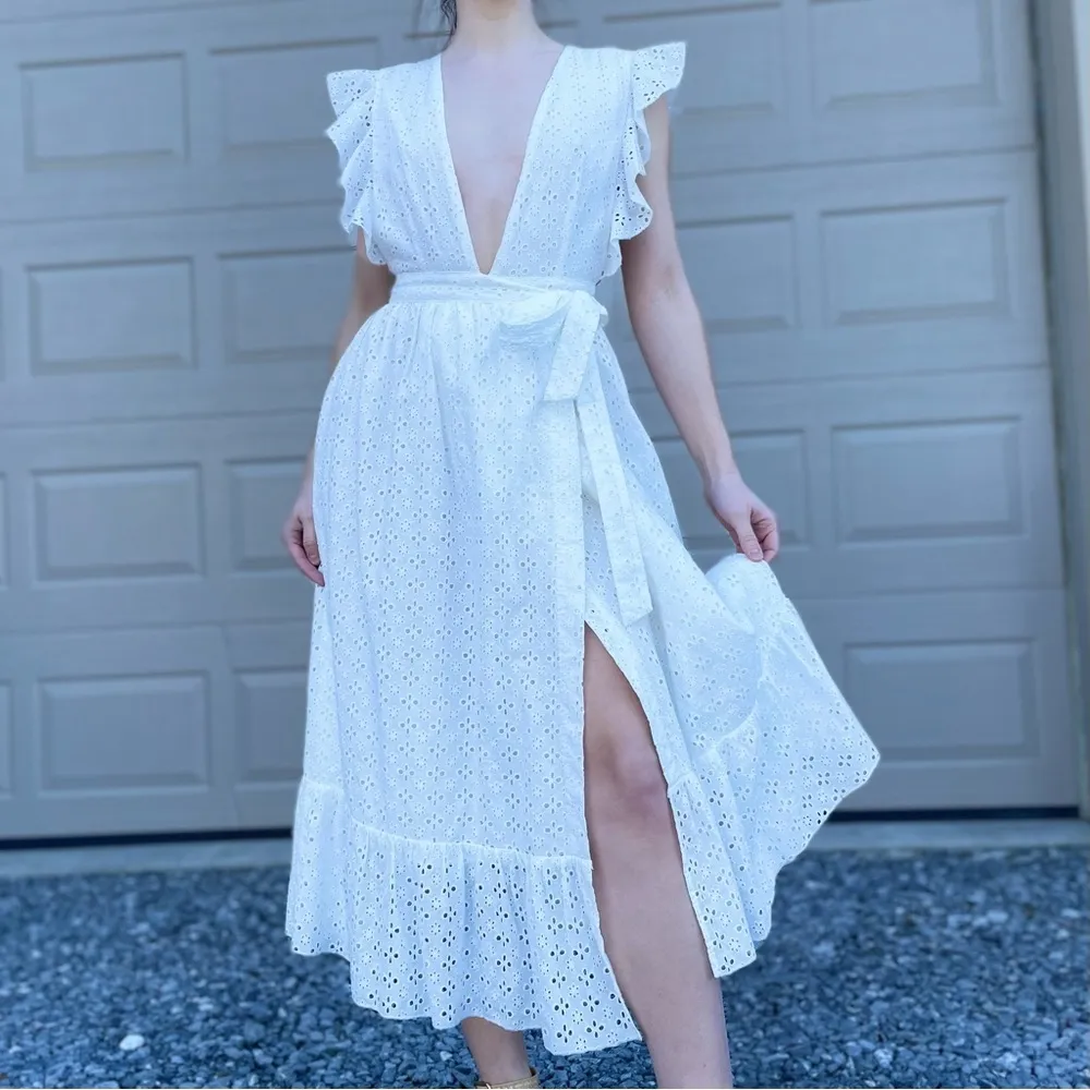 Majorelle by Revolve Plunge Neck Flutter Sleeve White Eyelet Maxi Wrap Dress S - Image 5