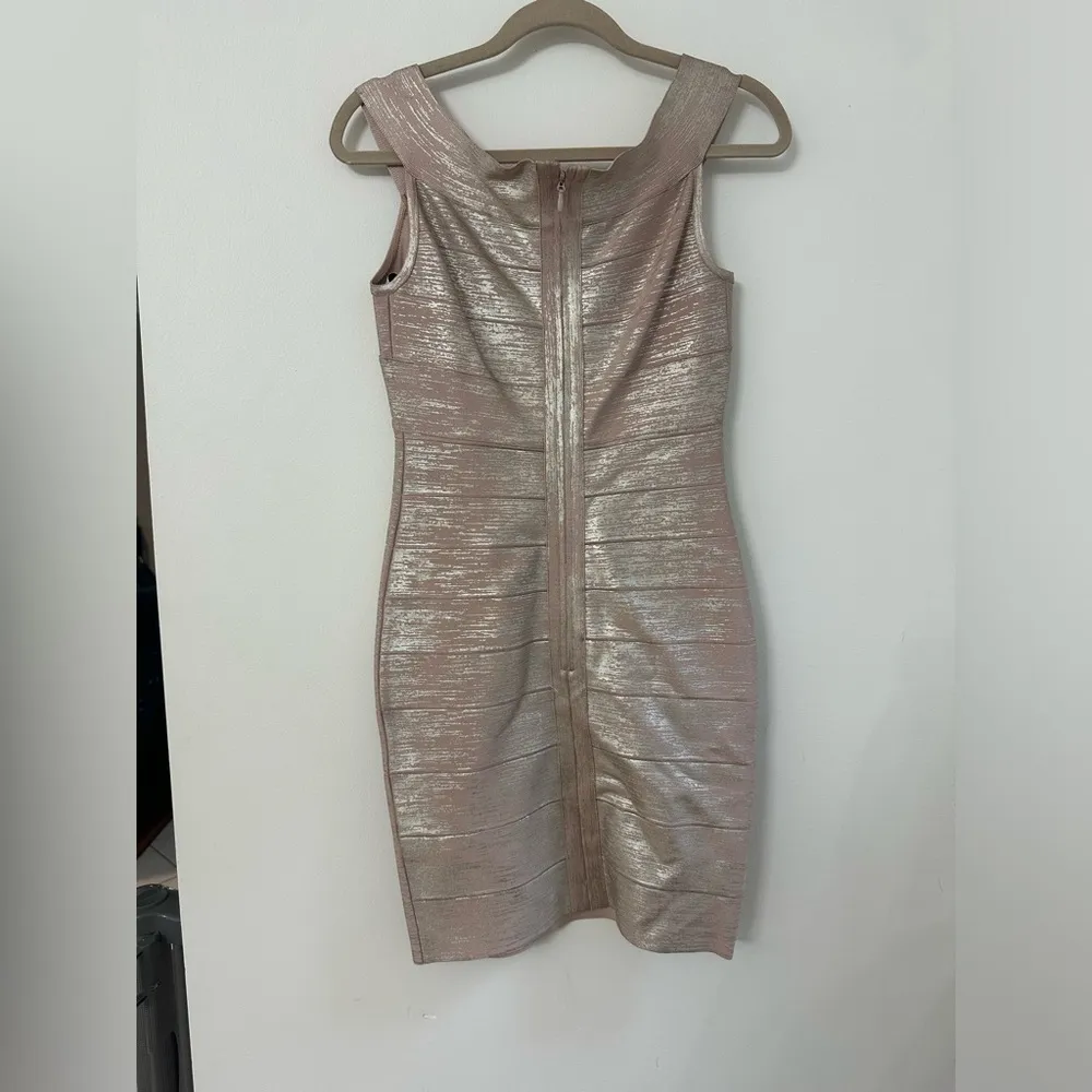 NWT Hervé Léger Criss Cross Rose Gold Foil Off The Shoulder Bandage Dress - Image 6