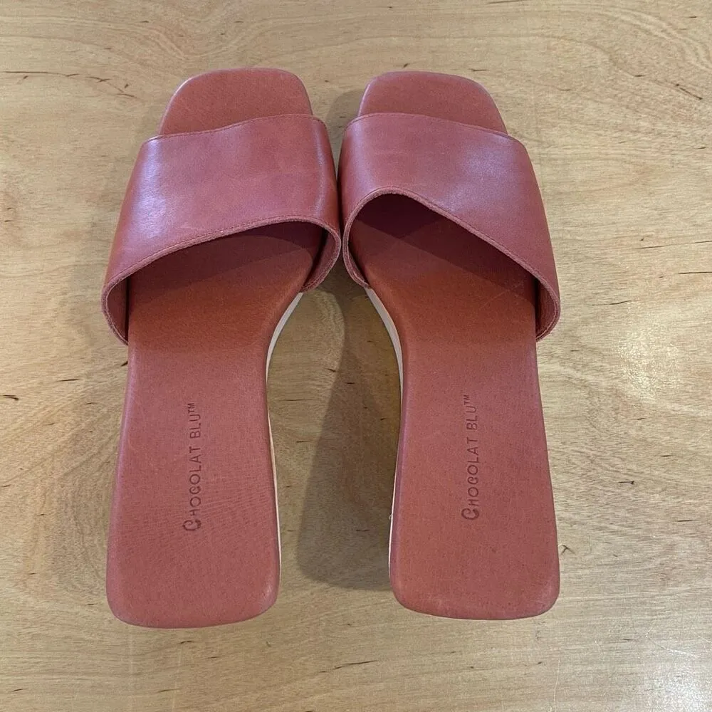 Chocolat Blu Womens Leather Square Toe Jadine Slide Wedge Sandal Camel Tan Sz 39 - Image 4