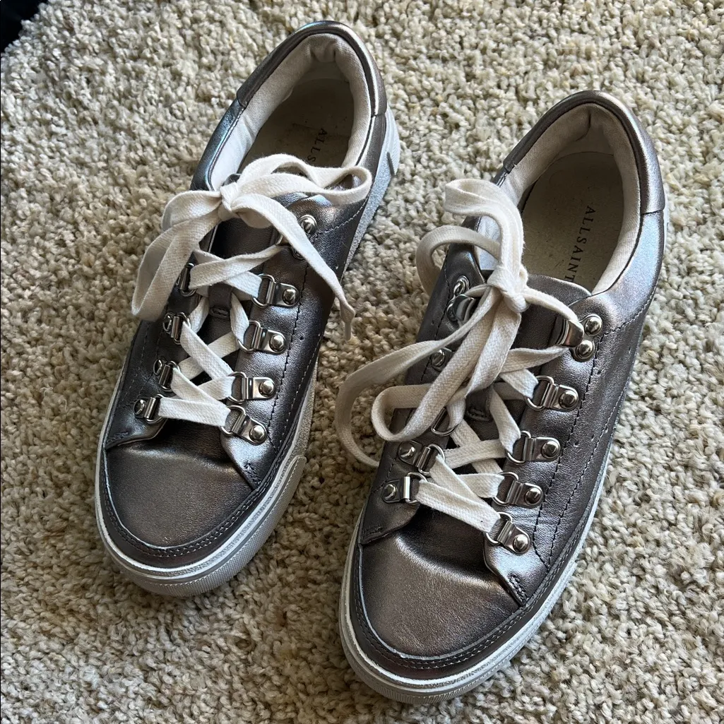 All Saints Quinn Metallic Silver Sneakers with White Laces - Image 7