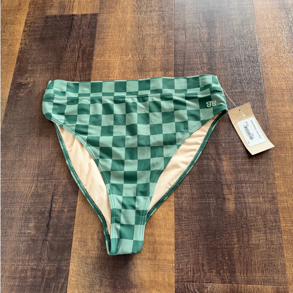 NWT Albion Fit High Waist Swim Bikini Bottom Cheeky Bottoms Green Check Size L - Image 3
