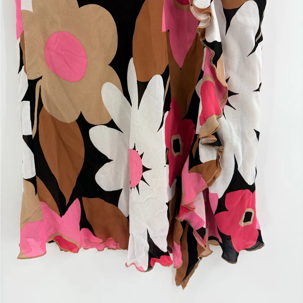 Y2K Floral boho Midi Skirt Pink Brown Ruffle Wrap fairy downtown Style Size 8 Tan - Image 4