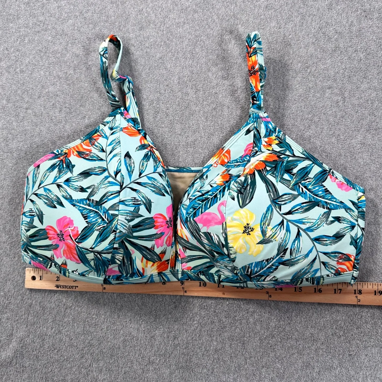 Cacique Swim Bikini Top Women's 20 Blue Tropical Palm Print Flamingo - Image 2