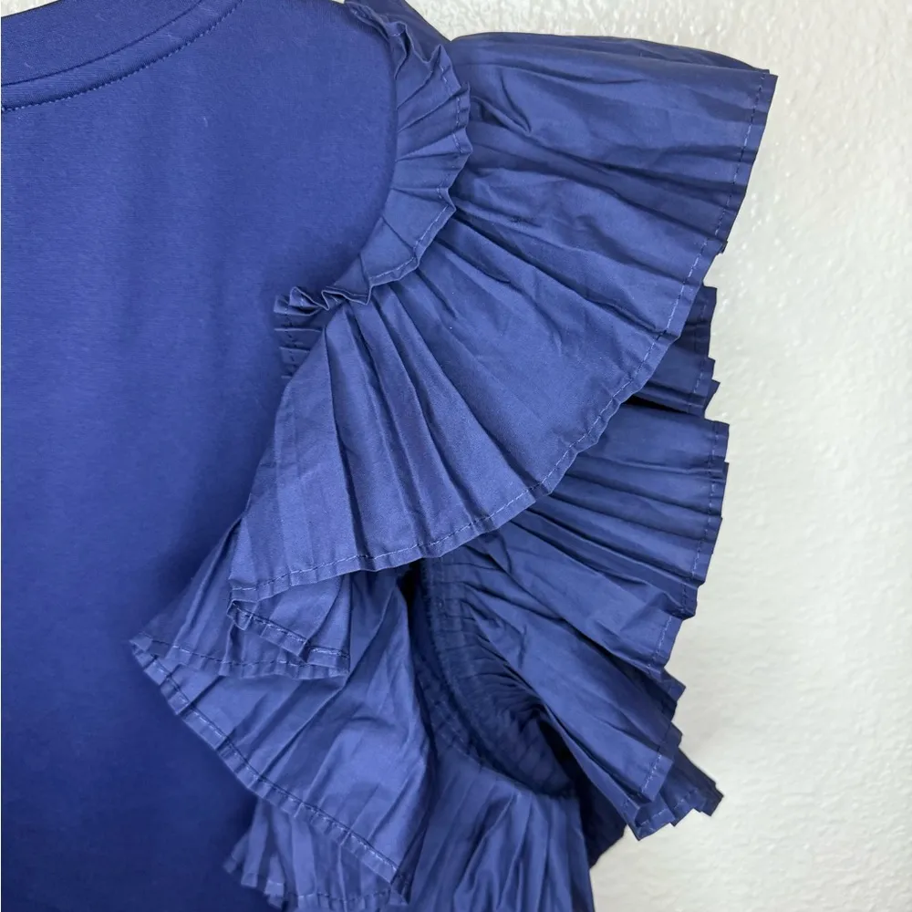 Anthropologie Blue Flutter Sleeve Ruffled T-Shirt - Image 5