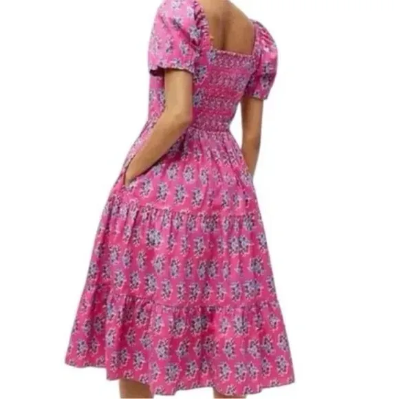 J. Crew Pink Floral Block Print Tiered Midi Dress Puff Sleeves Size 6 - Image 2