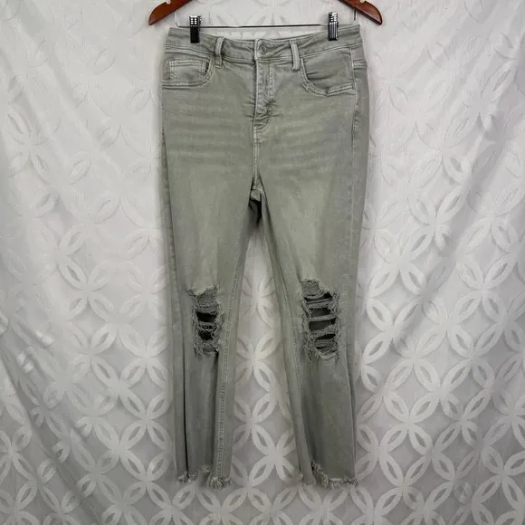 LOVERVET Tummy Control Distressed High Rise Crop Flare Jeans Size 30 Green - Image 3