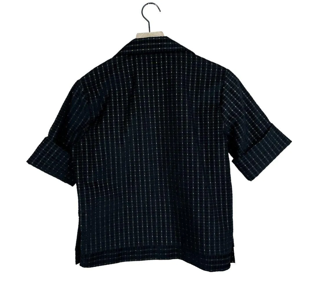 ' Day Vintage 60s 70s Black & Gold Textured Short Sleeve Boxy Crop Top - Image 4