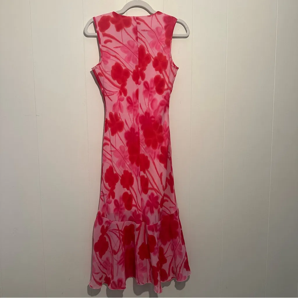 Vintage 90s Y2K Red Pink Floral Midi Dress Bodycon Ruffles S/M - Image 3