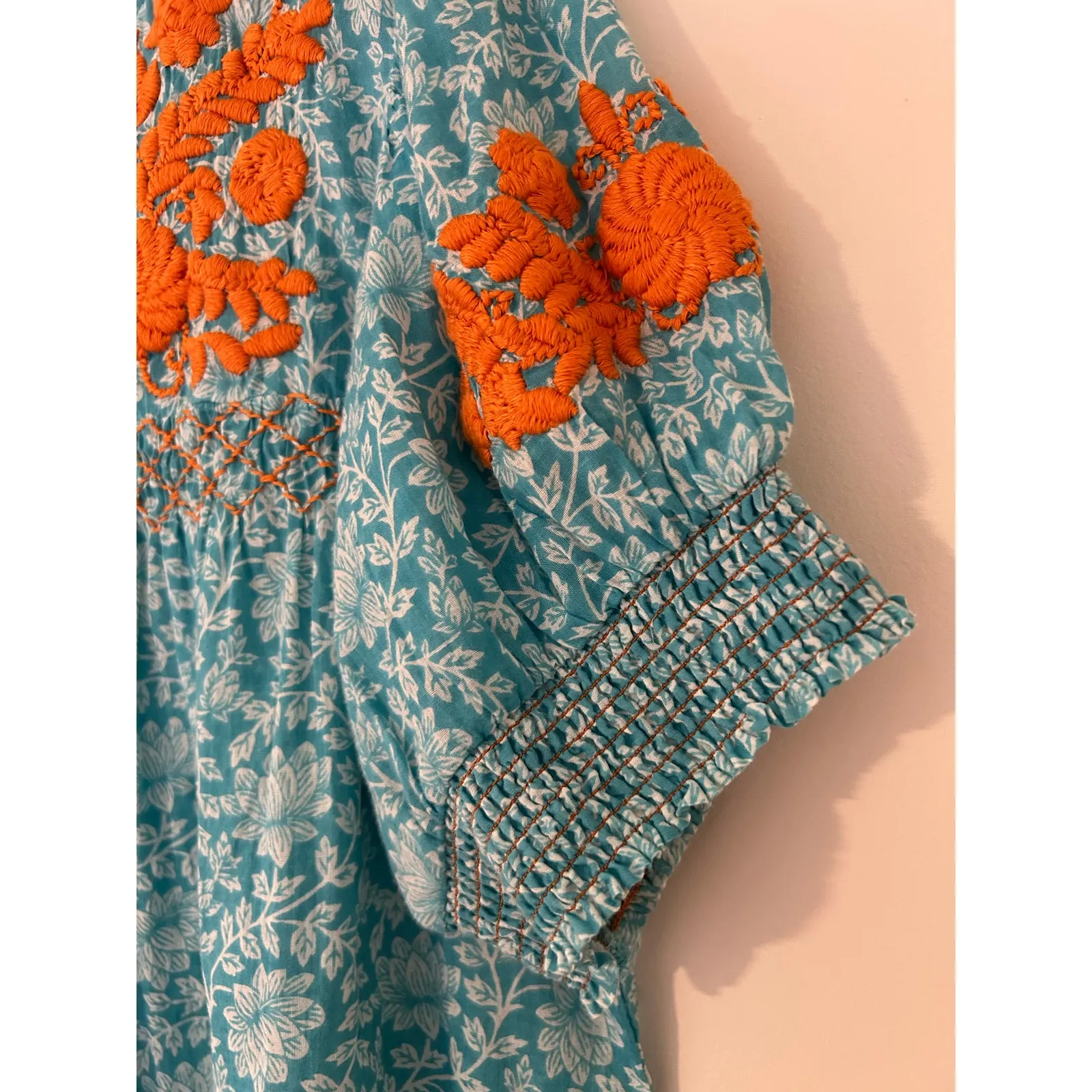 Ivy Jane Sister Mary M 100% Cotton Blue White Floral Embroidered Orange Blouse Size M - Image 3