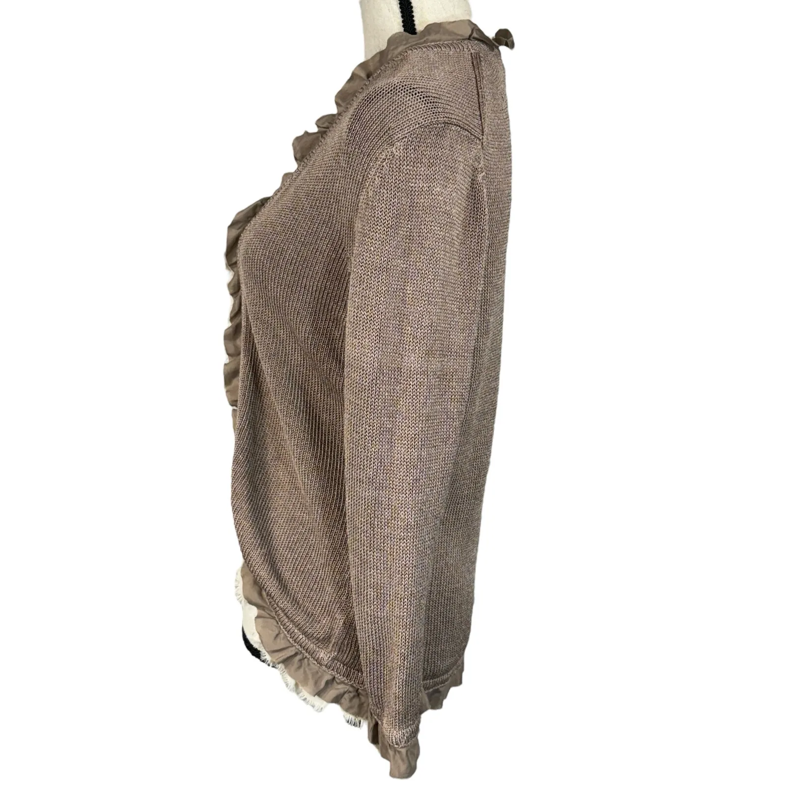 Boden SZ 14 Cardigan Ruffled Tie Front Long Sleeves Linen Blend Stretch Beige Tan - Image 5