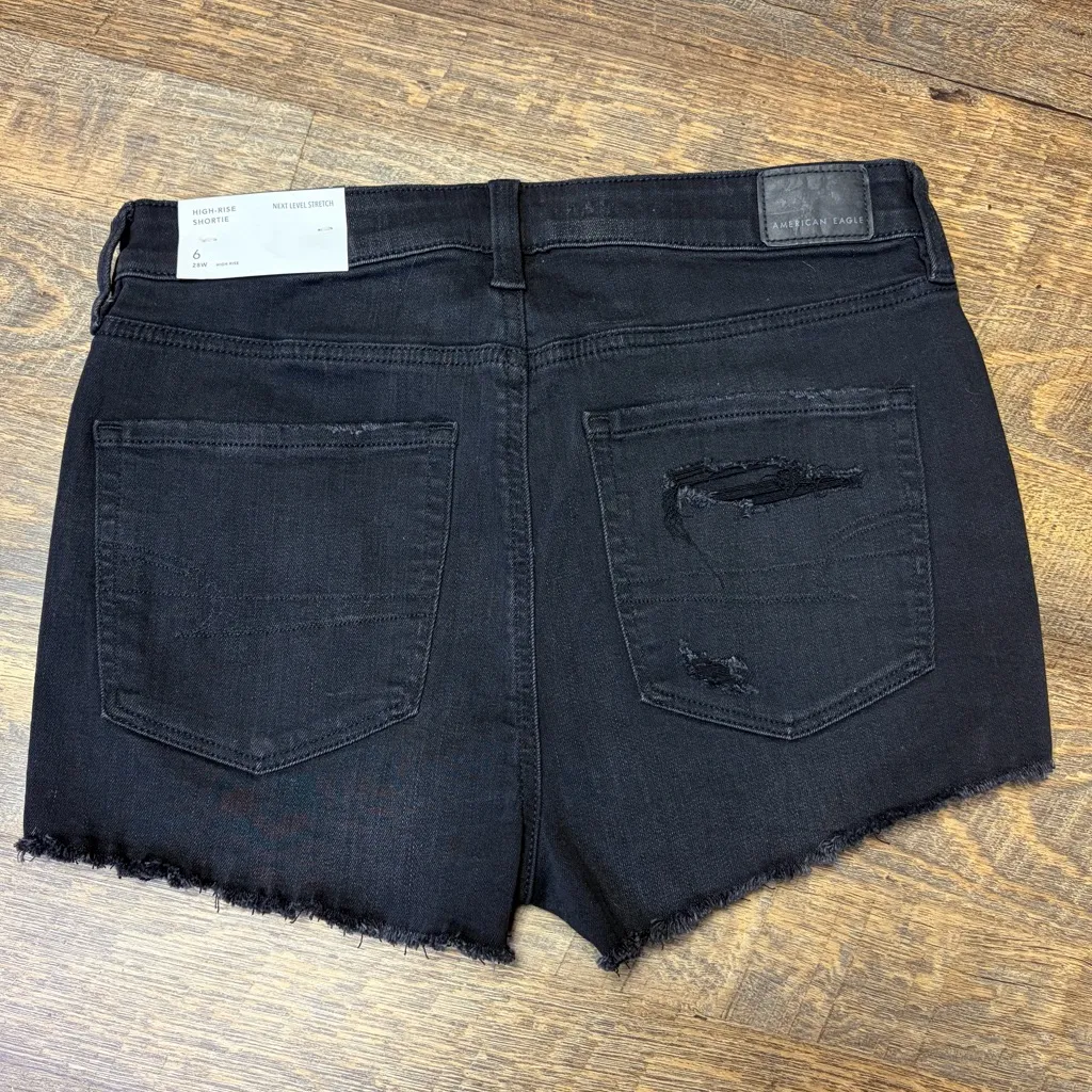 American Eagle Women’s 6 Hi Rise Shortie Shorts Black Jean Distressed Lace NEW - Image 8