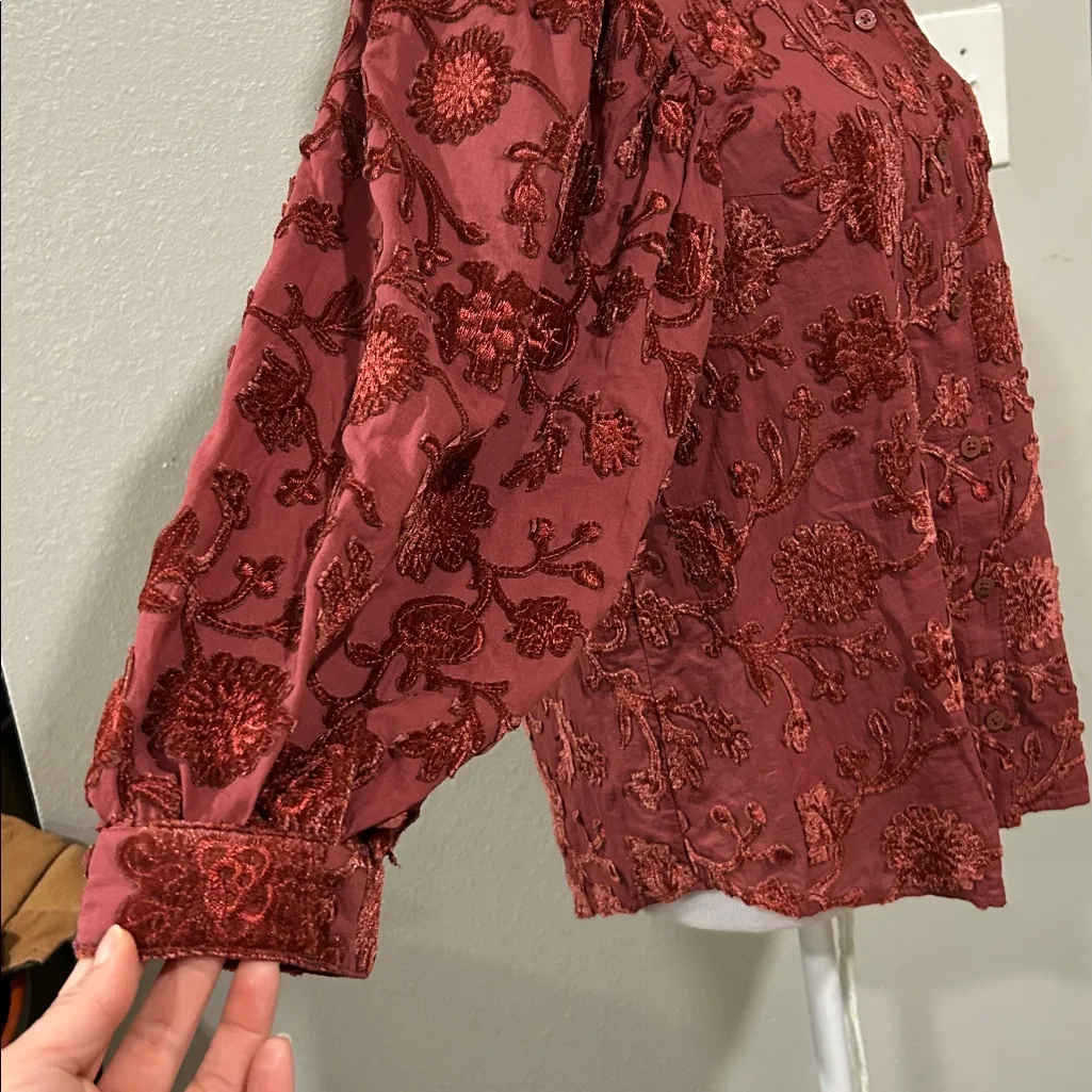 Pilcro Rust Floral Velvet Button Blouse Boho Top Size S - Image 6