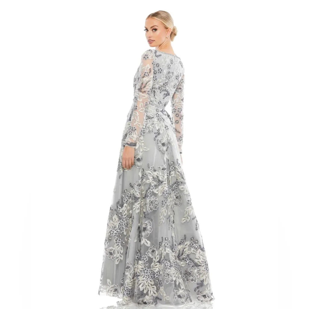 Mac Duggal Floral Embellished Illusion Sleeve Embroidered A-Line Gown- NWT - Image 4