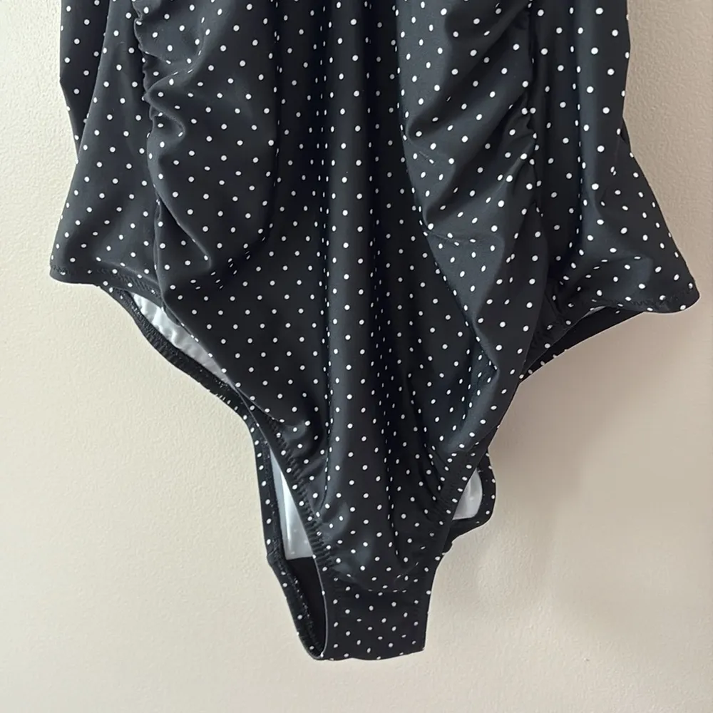 Motherhood Maternity Polka Dot Tie Front Criss Cross One Piece Swimsuit Black L - Image 6