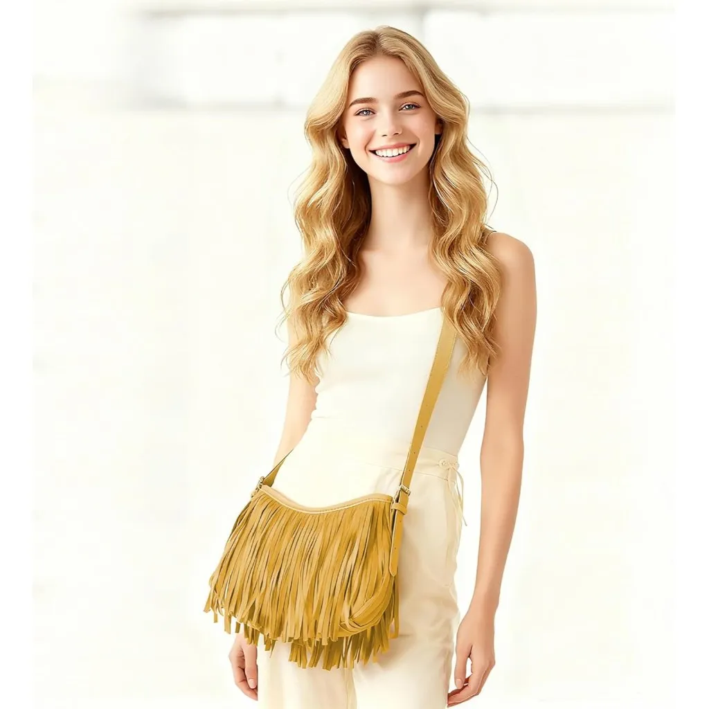 Women's Yellow Underarm Suede Western Hobo Purses and Handbags Trendy Fringe - Image 2