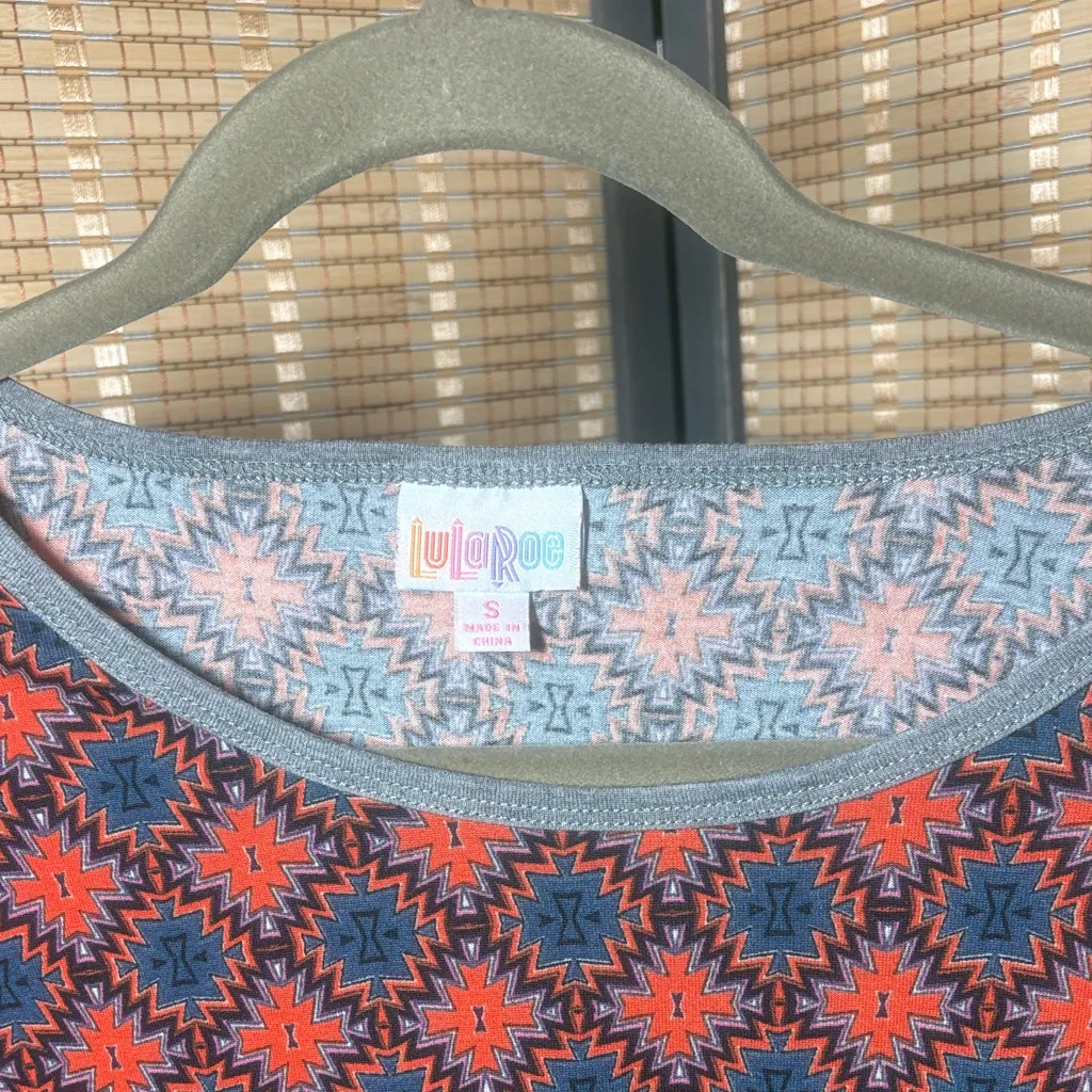 LuLaRoe Blue and Red Aztec Print Irma w/ Heather Gray Striped and Accents - Image 2