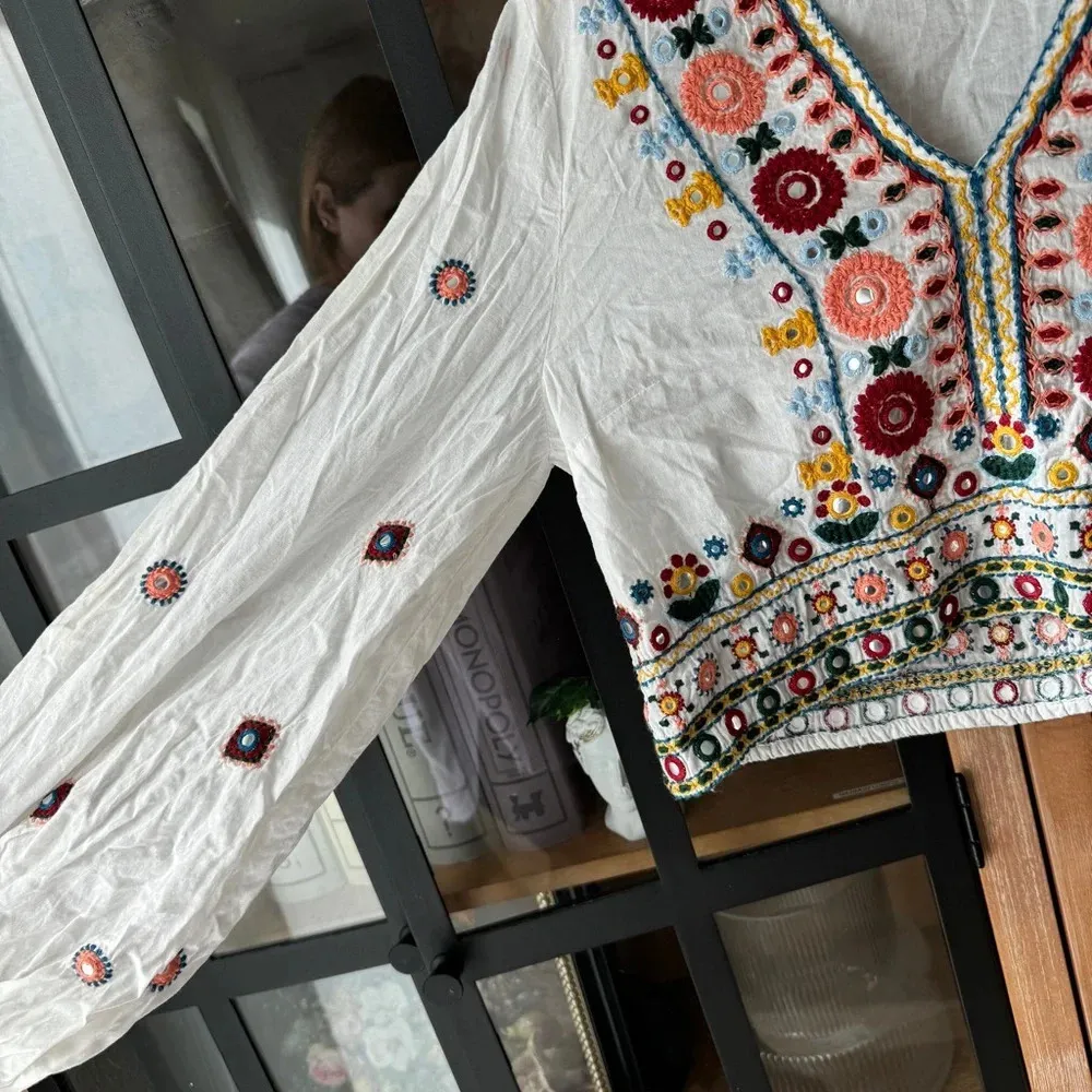 Zara Embroidered Set embellished beaded skirt top boho colorful long sleeve crop - Image 7