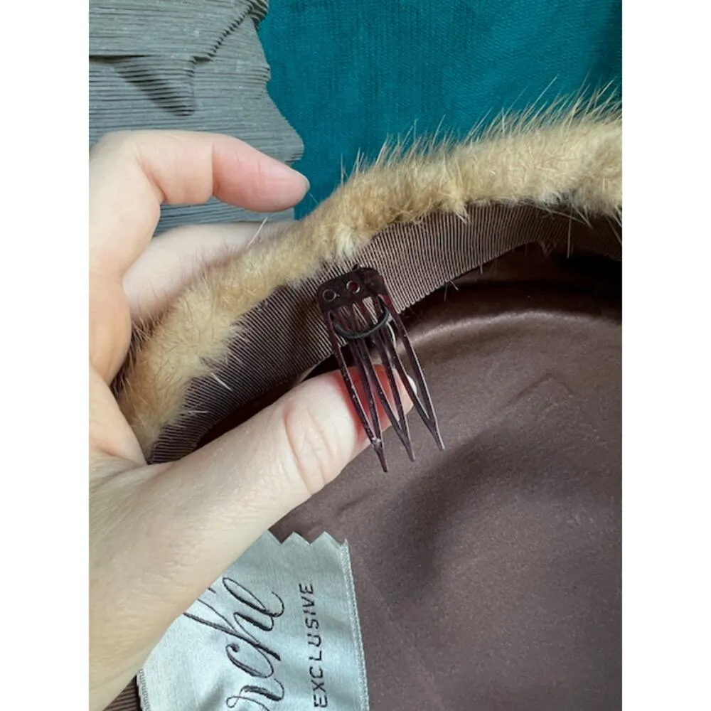 Vintage pill box hat fur with combs Brown - Image 5