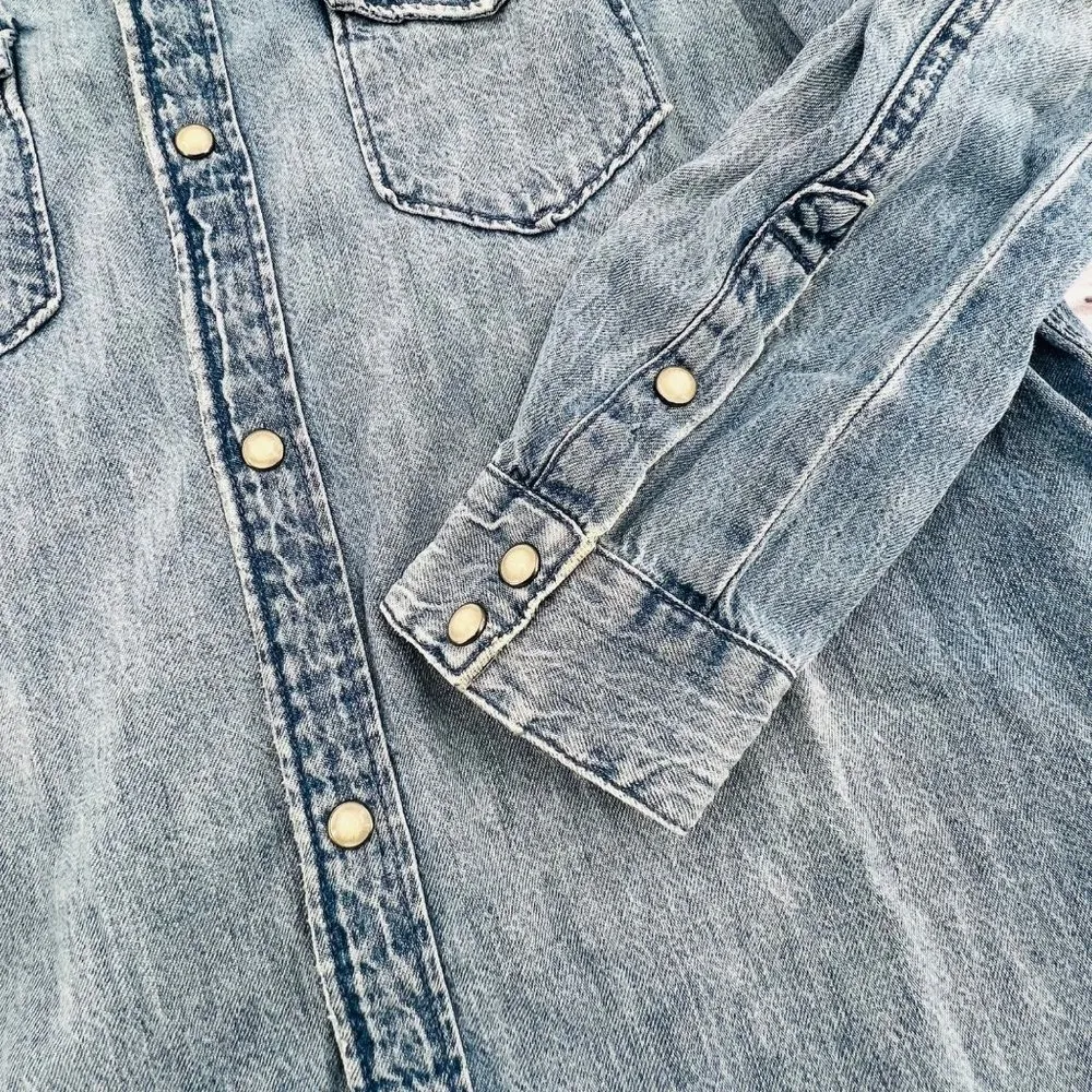 Lucky Brand  Dress XS Light Wash Pear Snap Button Down Frayed Hem Western Denim - Image 4