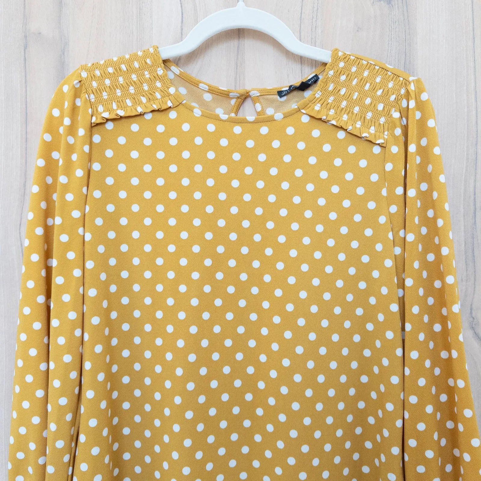 Adrianna Papell Womens Polka Dot Smocked Blouse Size M Yellow Office Retro Chic - Image 2