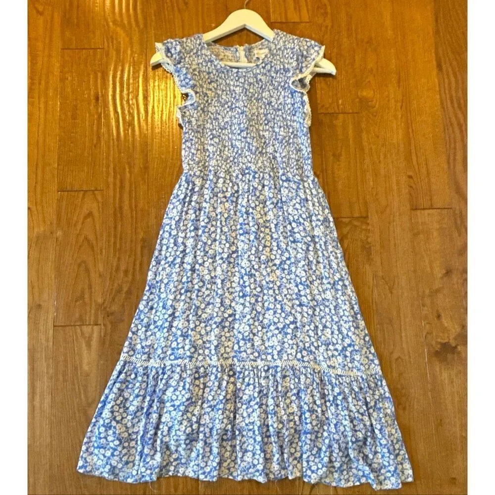Lost & Wander pick me blue floral shirt ruffle smocked midi dress small - Image 12