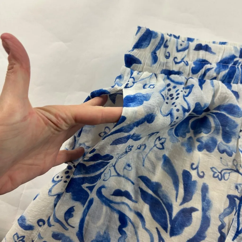 Vince Camuto Blue Cream Floral Stencil Print Crinkle Gauze Wide Leg Pant M - Image 3