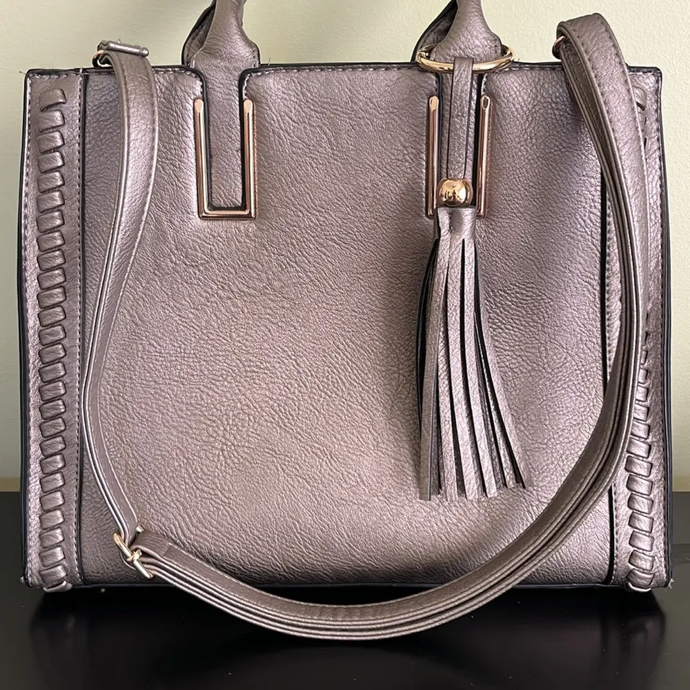Dasein Handbag Vegan Leather Tassel Shoulder Bag Work Tote with Long Strap Silver - Image 2