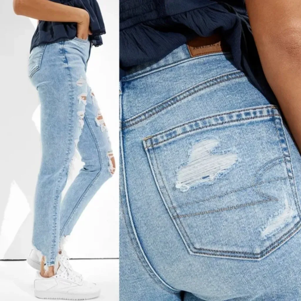 American Eagle  AE Stretch Ripped Mom Jean Light Wash High Waisted Distressed 2 - Image 4