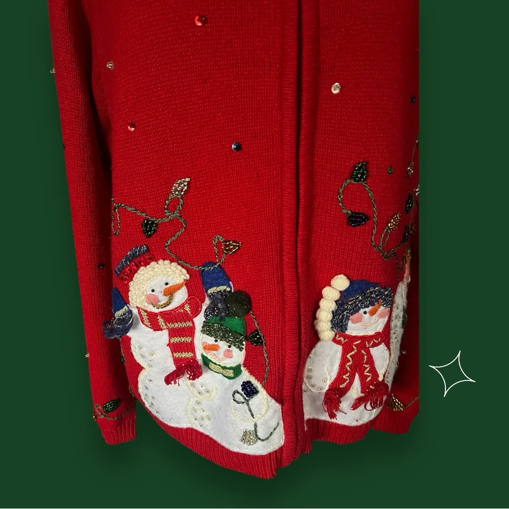 VTG. Heirloom collection Curly Collar 3D Snowman Family Cardigan. SZ. XL Red - Image 2