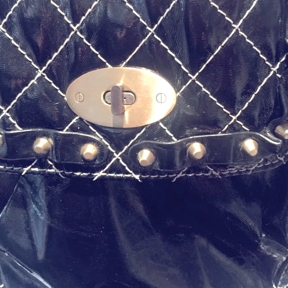 Mae and J VINTAGE Black Patent Leather Quilted Studded 12"x15" Luxury Handbag - Image 5