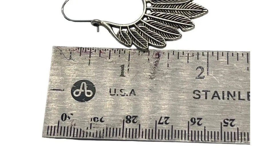 Silver Tone Feather Hoop Earrings Dangle Wire 2" Long Boho Hippie Southwestern - Image 4