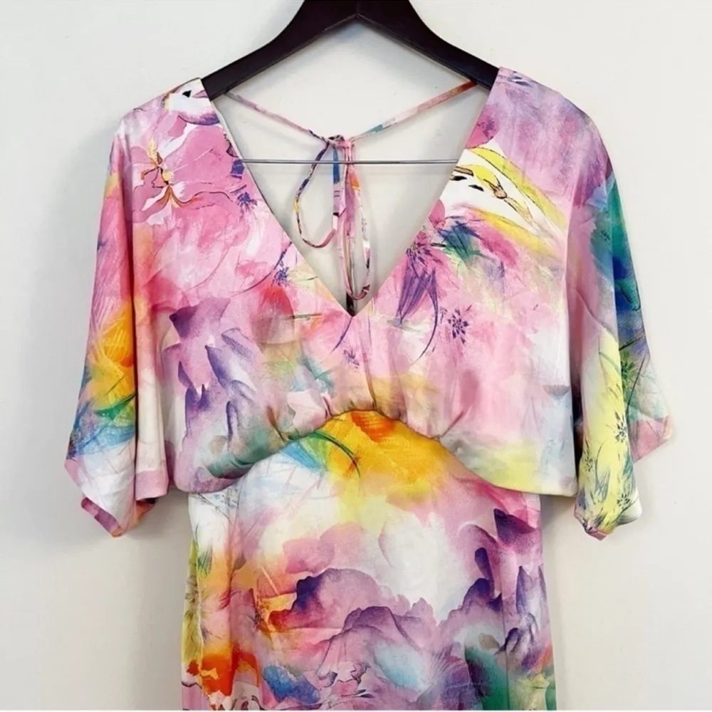 Aidan Mattox Satin Flared Short Sleeve Mini Dress Size 2 Pink Multicolor - Image 2