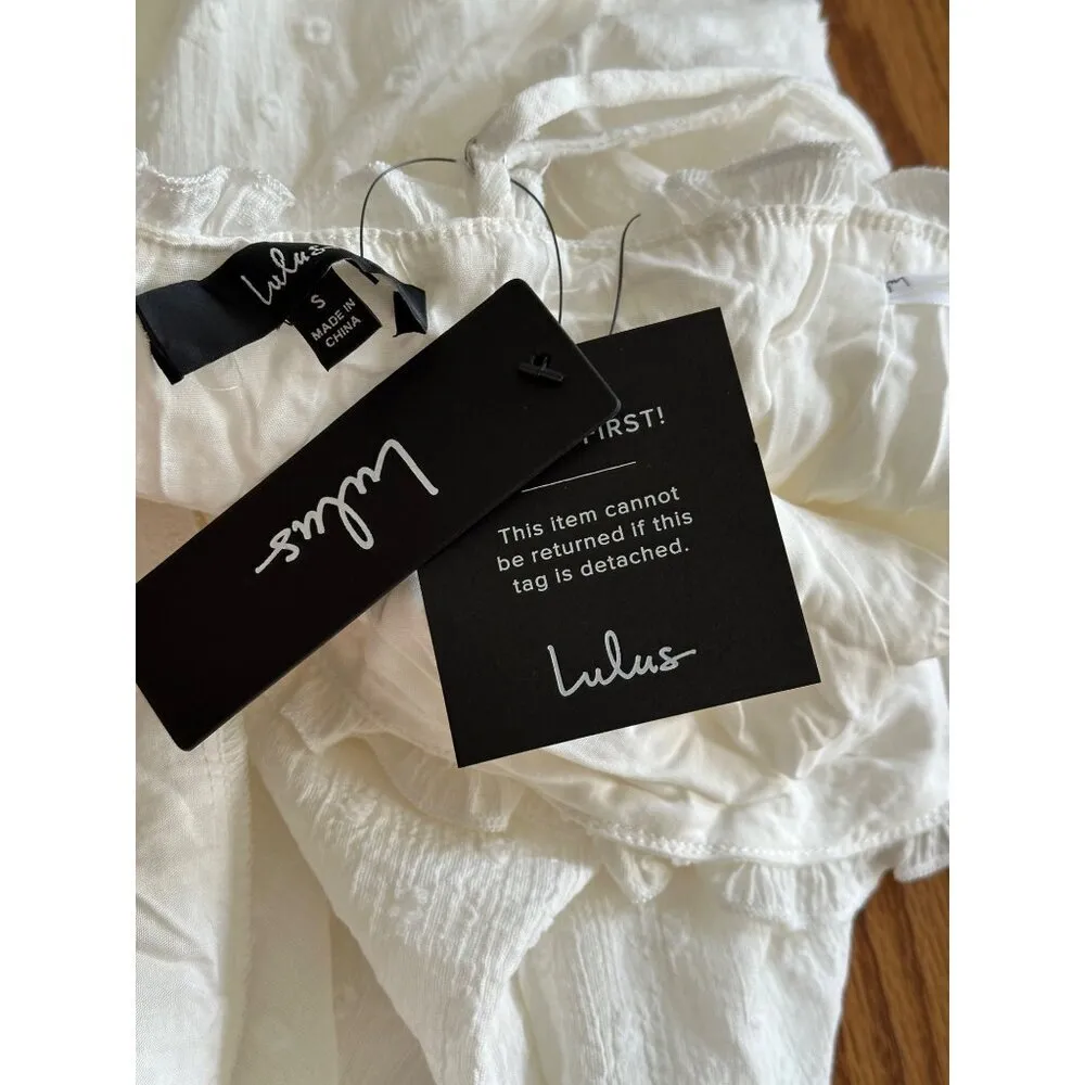 Lulus White Eyelet Cotton Wrap Lace Dress Polka Dot Ruffles Wedding NWT Size S - Image 11