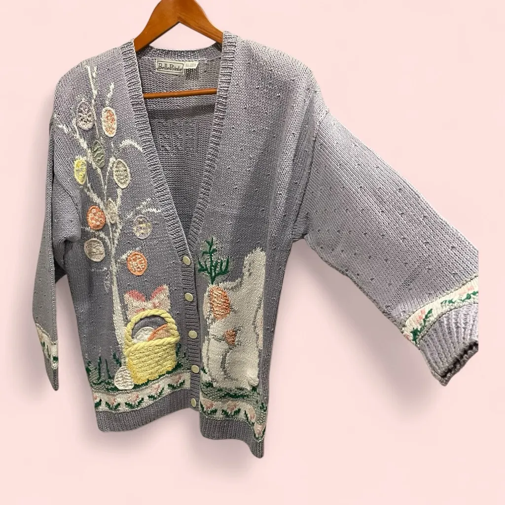 Vintage 80’s Belle Pointe lavender bunny easter spring cardigan chunky oversize Purple Size L - Image 1