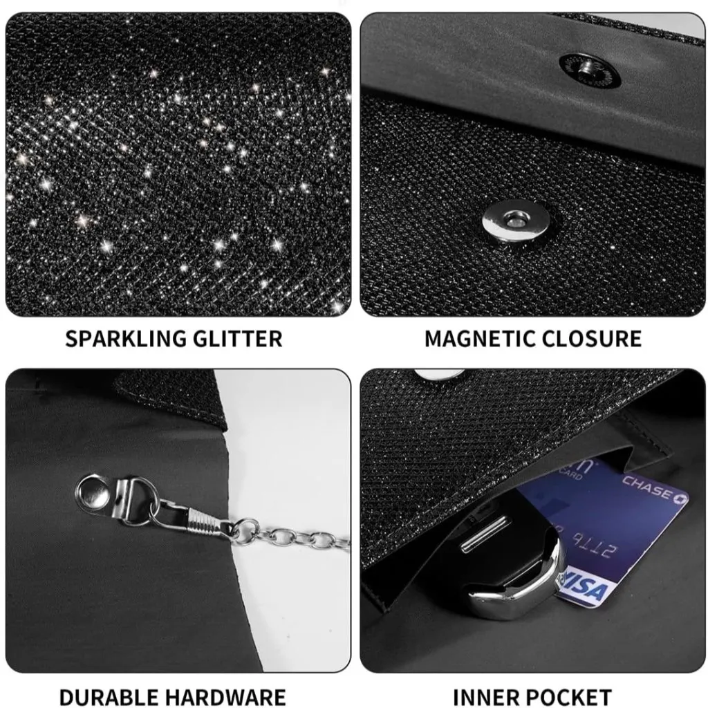 ⚡ Women's Black Evening Sparkling Button Closure Party Wedding Clutch Handbag - Image 4