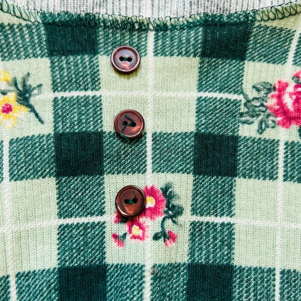 Vintage Plaid 90s Crop Top Long Sleeve Ribbed Knit Floral Cottagecore Scoopneck - Image 5