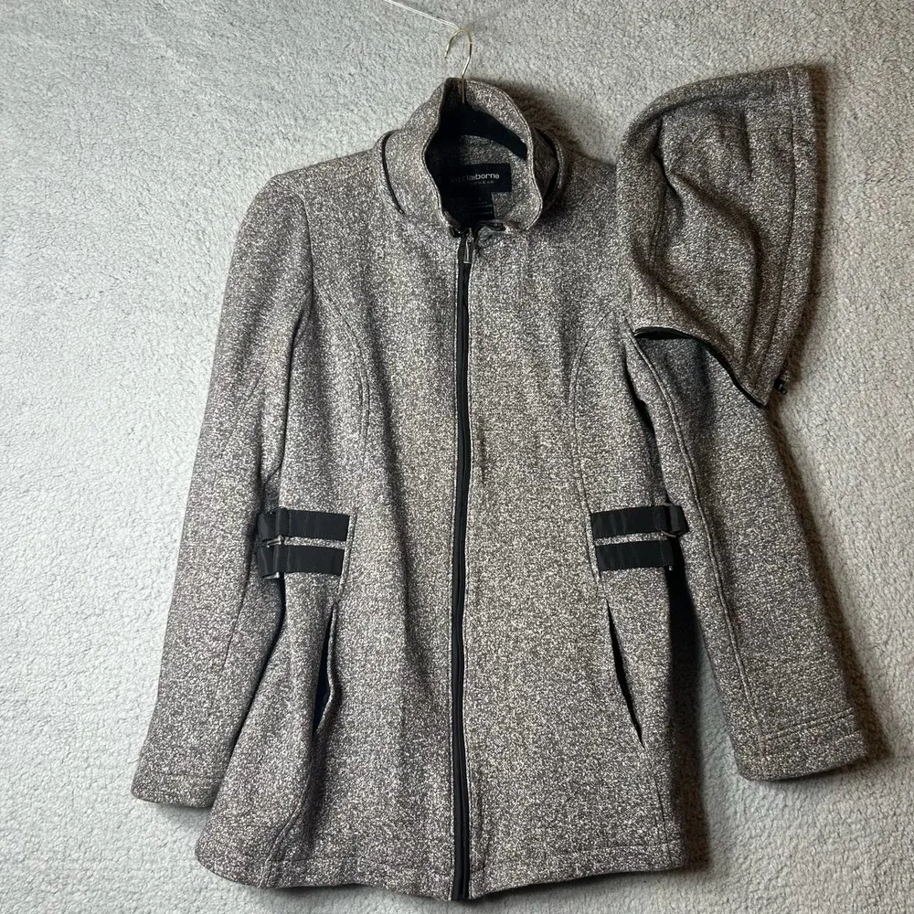 Liz Claiborne Jacket Womens Small Black White Tweed Hood Full Zip Outerwear Coat - Image 2