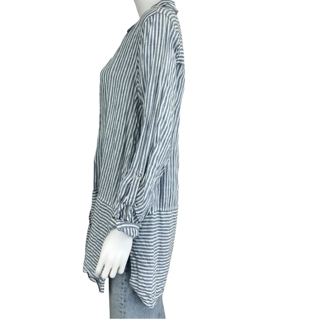 TAHARI 100% Linen Blue Striped Button-down Size L - Image 4