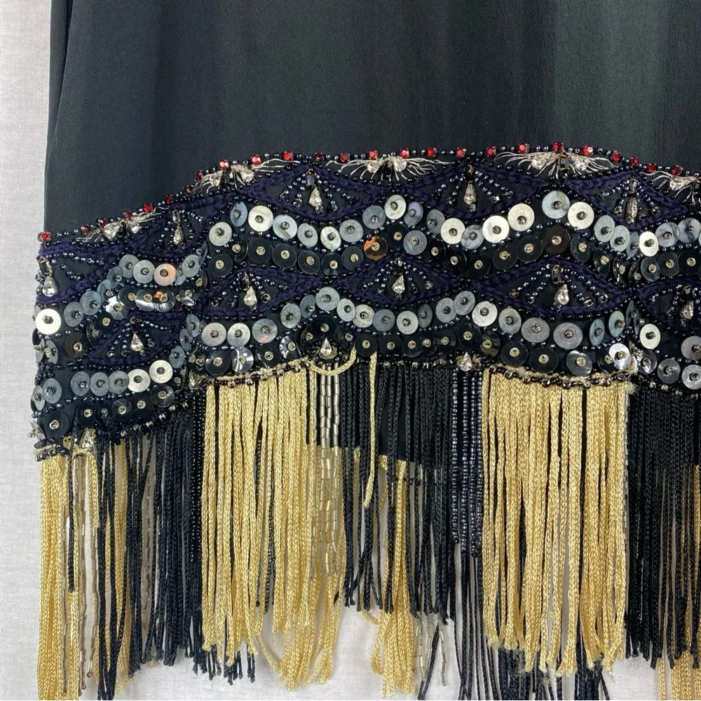 Artelier Nicole Miller Silk  Beaded Sequined Top Black Gold Fringe Sheer Small - Image 3