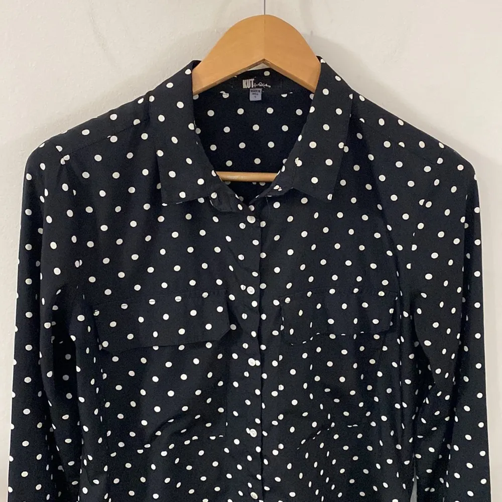 Kut from the Kloth black polka dot satin button down shirt size S - Image 14