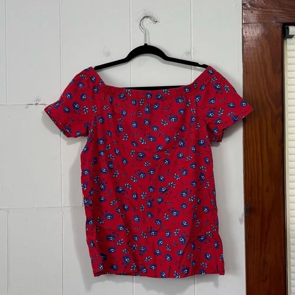 Banana‎ Republic Red Blue Floral Off The Shoulder Short Sleeve Top Size S - Image 2