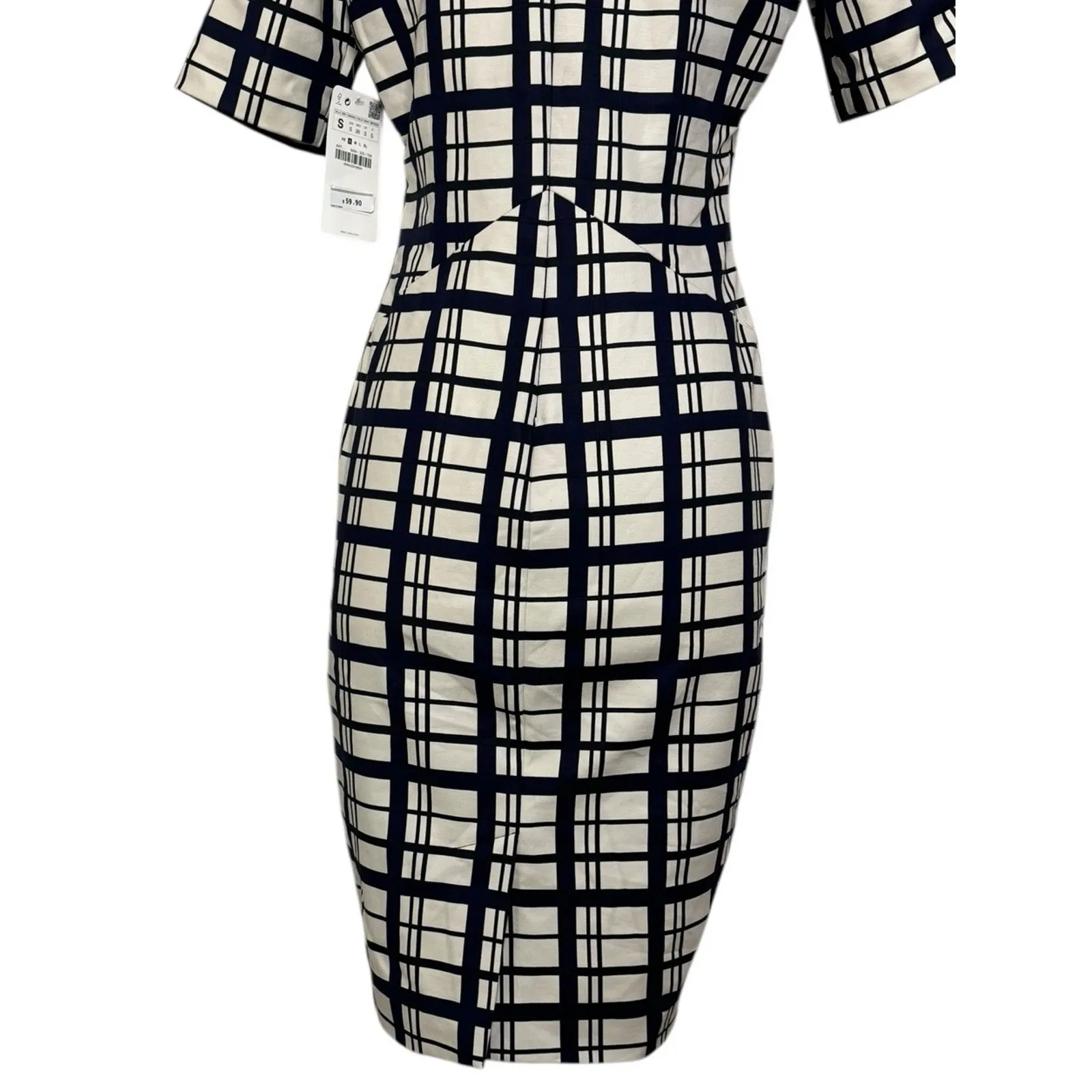 ZARA Pencil Shift Dress Navy Blue White Plaid Short Sleeve Square Neckline Sz S - Image 7