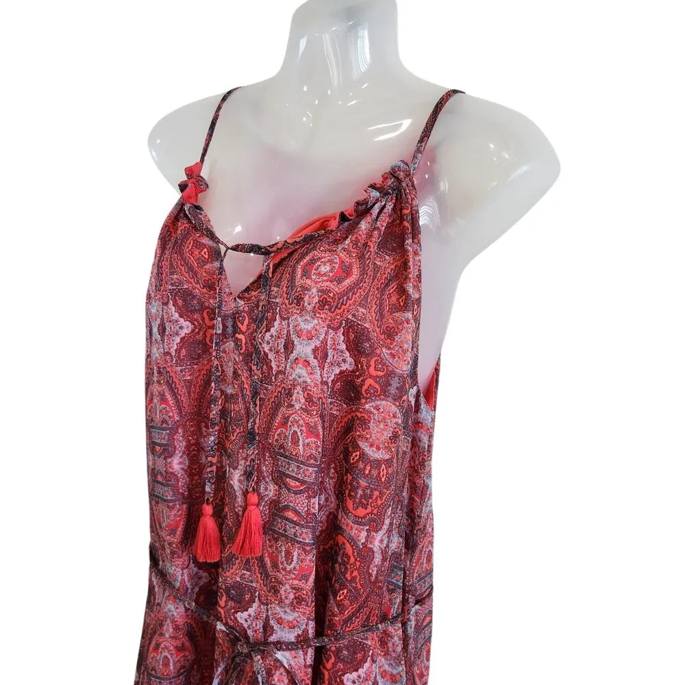 Lucky Brand Paisley Chiffon Overlay Hi Low Tassel Belted Red Size Medium - Image 6