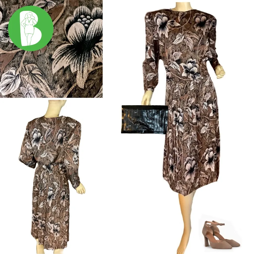 VINTAGE 1980'S ALEXIS FASHIONS BROWN & BLACK FLORAL PRINT (L) Size L - Image 2