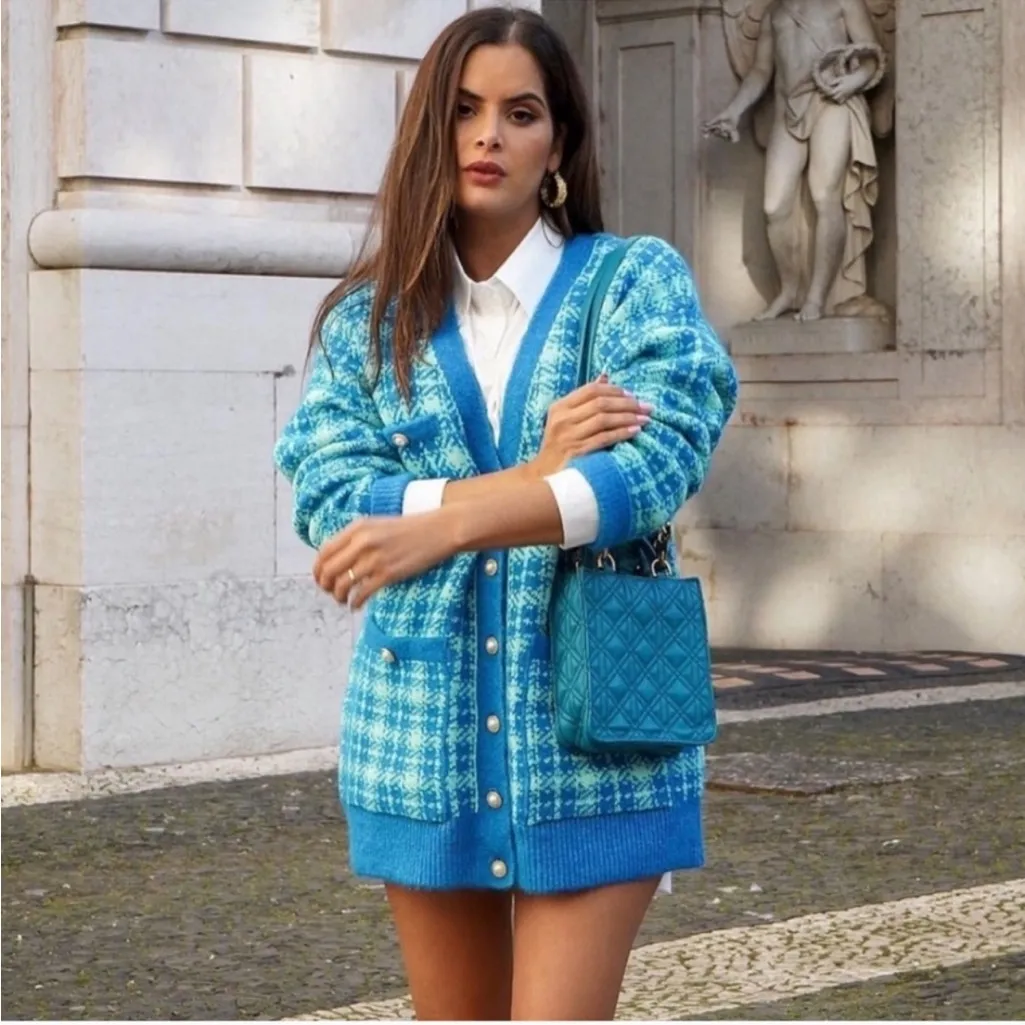 NEW Zara Plaid Blue Houndstooth Check Cardigan Sweater Pearl Buttons, Small - Image 6